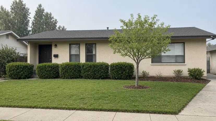 After: healthy green front lawn and hedges (illustration)
