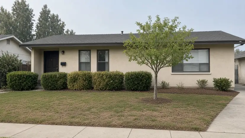 Before: same front yard with dry patches and a yellowing hedge (illustration)