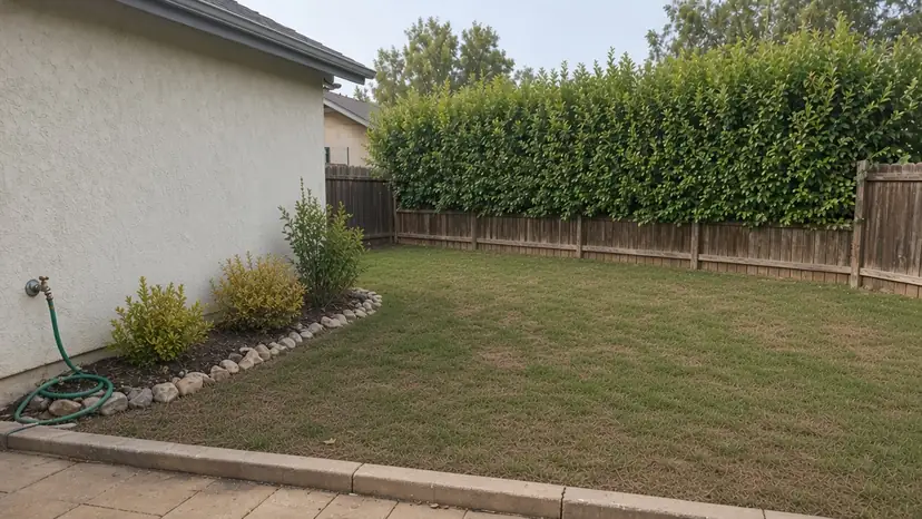 Before: same backyard with dry patches and a yellowing shrub (illustration)